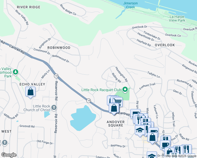 map of restaurants, bars, coffee shops, grocery stores, and more near 46 Huntington Road in Little Rock