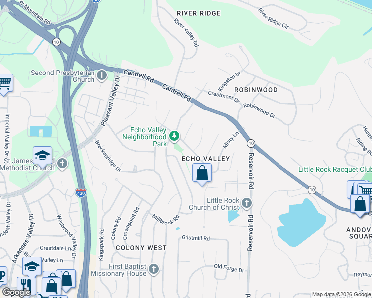 map of restaurants, bars, coffee shops, grocery stores, and more near 3200 Hazy Ridge Court in Little Rock