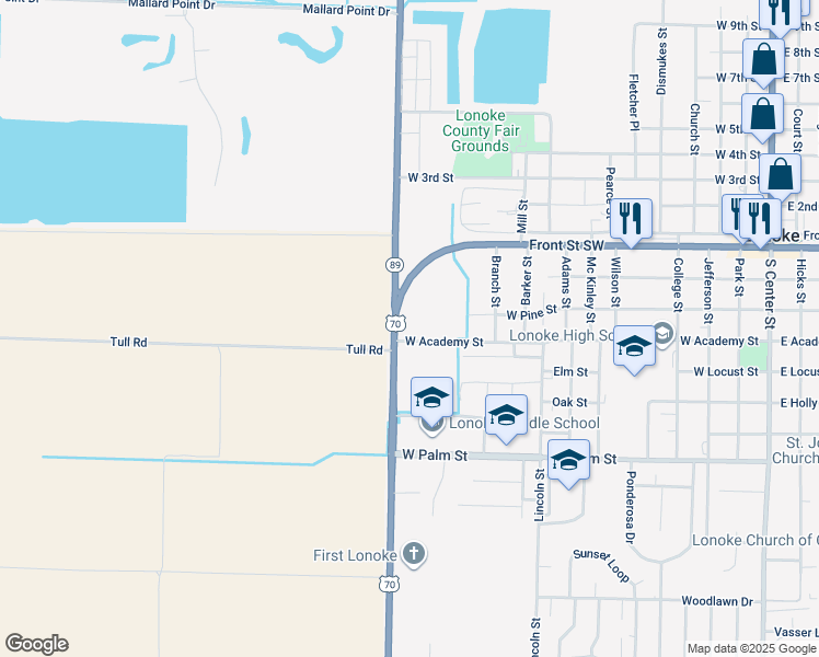 map of restaurants, bars, coffee shops, grocery stores, and more near 1121 Front Street Southwest in Lonoke