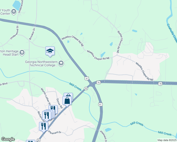 map of restaurants, bars, coffee shops, grocery stores, and more near North Dr SE in Dalton