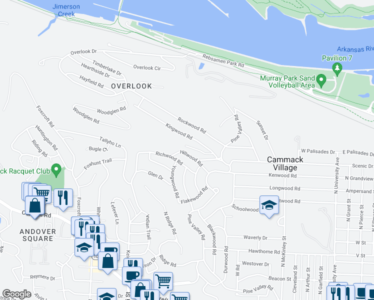map of restaurants, bars, coffee shops, grocery stores, and more near 7121 Kingwood Road in Little Rock