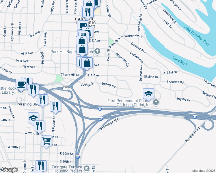 map of restaurants, bars, coffee shops, grocery stores, and more near 206 Dooley Road in North Little Rock
