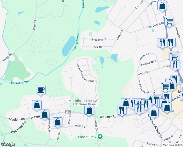 map of restaurants, bars, coffee shops, grocery stores, and more near 212 Laurel Meadows Parkway in Greenville