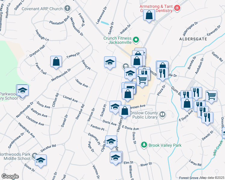 map of restaurants, bars, coffee shops, grocery stores, and more near 1006 Schall Place in Jacksonville