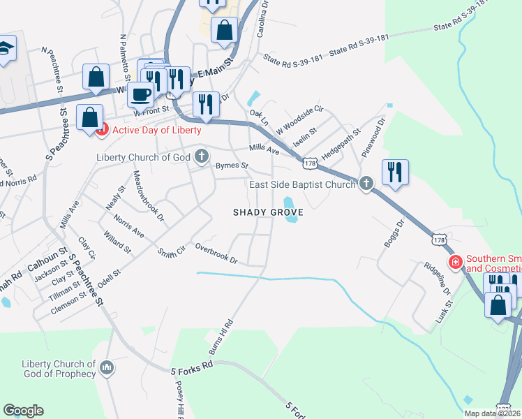 map of restaurants, bars, coffee shops, grocery stores, and more near 308 Hillcrest Lane in Liberty