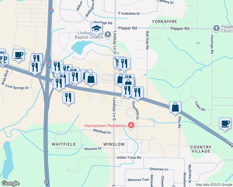map of restaurants, bars, coffee shops, grocery stores, and more near 20560 Alabama 2 in Athens