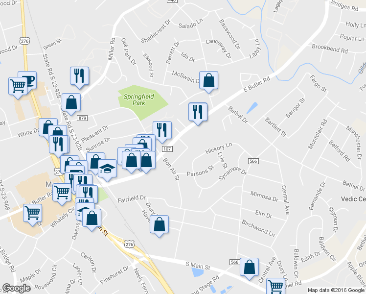 map of restaurants, bars, coffee shops, grocery stores, and more near 100 Shaver Dr in Mauldin