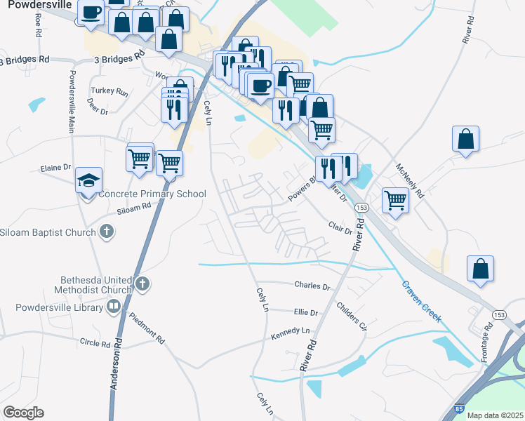 map of restaurants, bars, coffee shops, grocery stores, and more near 101 Boone Hall Drive in Powdersville