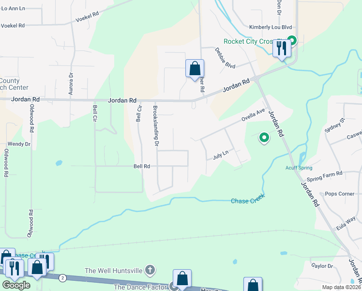 map of restaurants, bars, coffee shops, grocery stores, and more near 105 Spruce Pine Lane in Huntsville