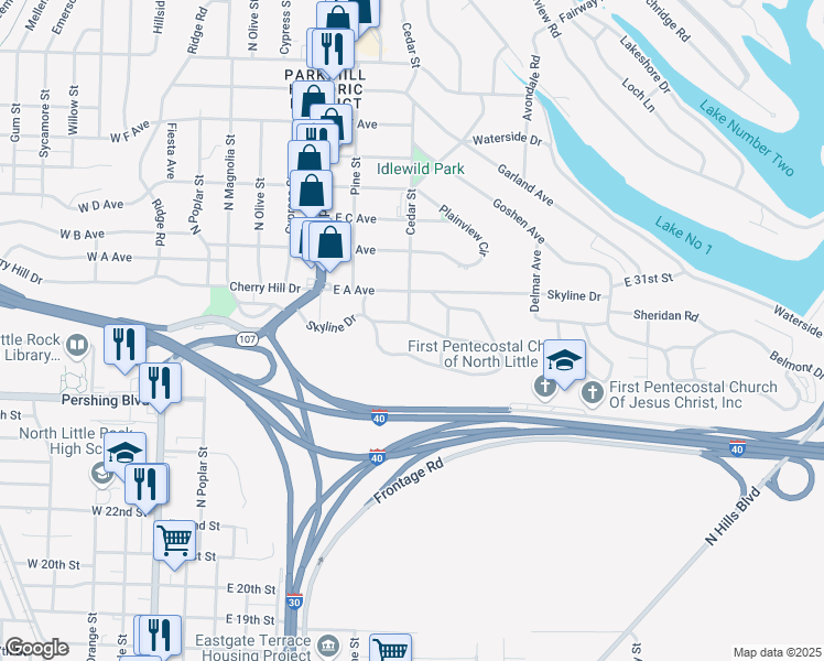 map of restaurants, bars, coffee shops, grocery stores, and more near 117 Dooley Road in North Little Rock