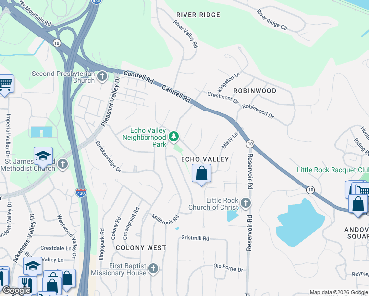 map of restaurants, bars, coffee shops, grocery stores, and more near 3208 Echo Valley Drive in Little Rock