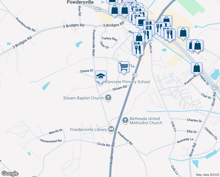 map of restaurants, bars, coffee shops, grocery stores, and more near 535 Powdersville Main in Easley