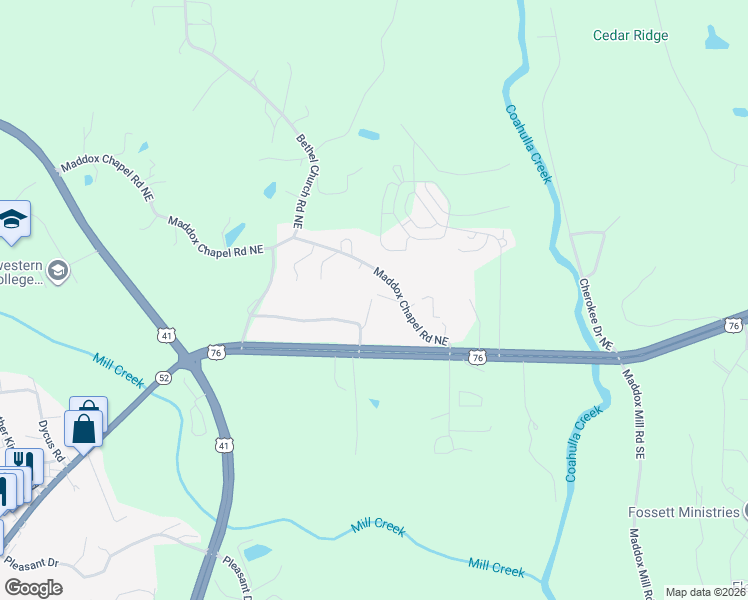 map of restaurants, bars, coffee shops, grocery stores, and more near 2558 Maddox Chapel Road Northeast in Dalton
