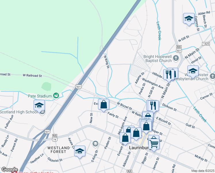 map of restaurants, bars, coffee shops, grocery stores, and more near 224 South King Street in Laurinburg
