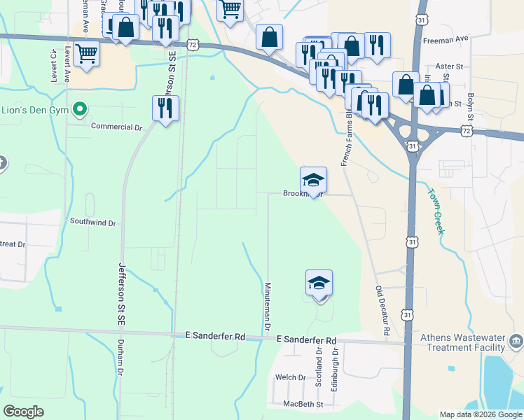 map of restaurants, bars, coffee shops, grocery stores, and more near 320 Brookhill Drive in Athens