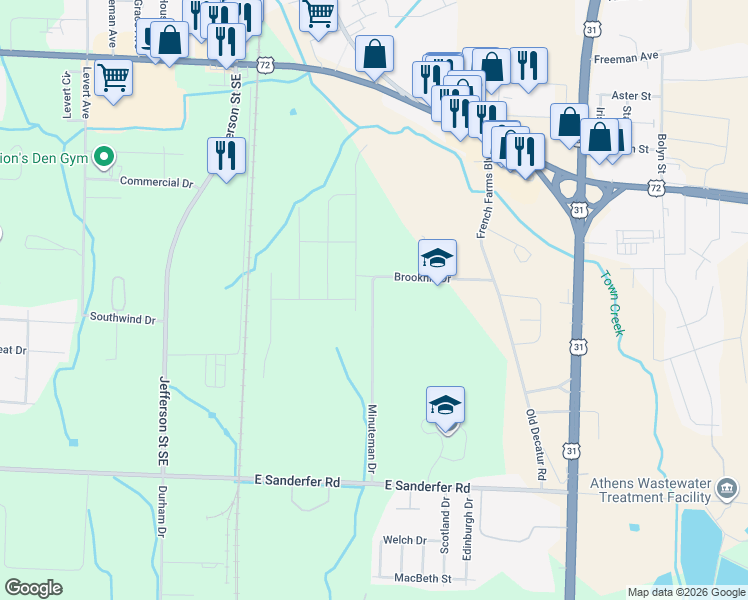 map of restaurants, bars, coffee shops, grocery stores, and more near Minuteman Drive in Athens