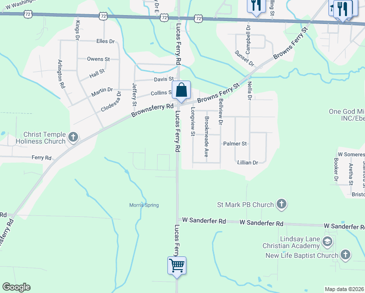 map of restaurants, bars, coffee shops, grocery stores, and more near 15388 Lucas Ferry Road in Athens