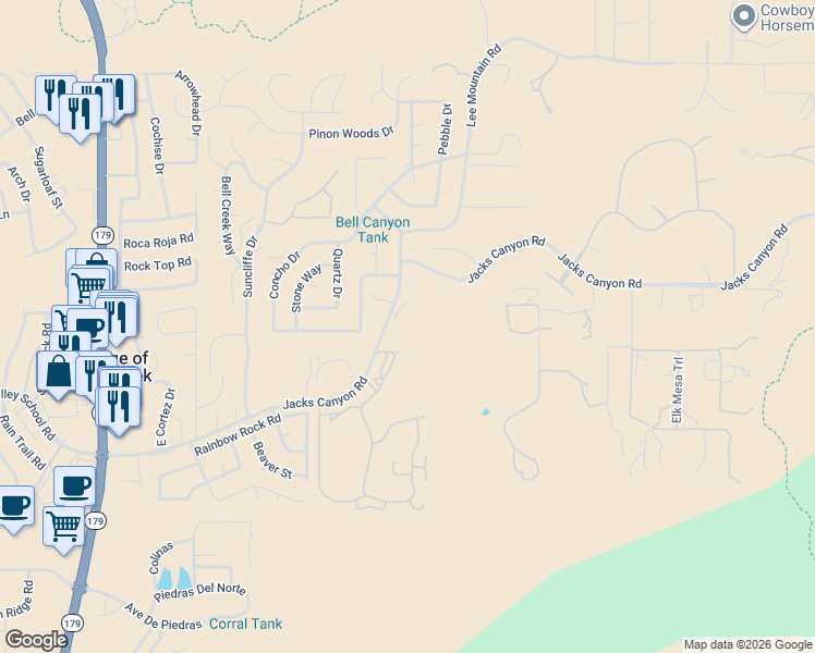 map of restaurants, bars, coffee shops, grocery stores, and more near 580 Jacks Canyon Road in Sedona