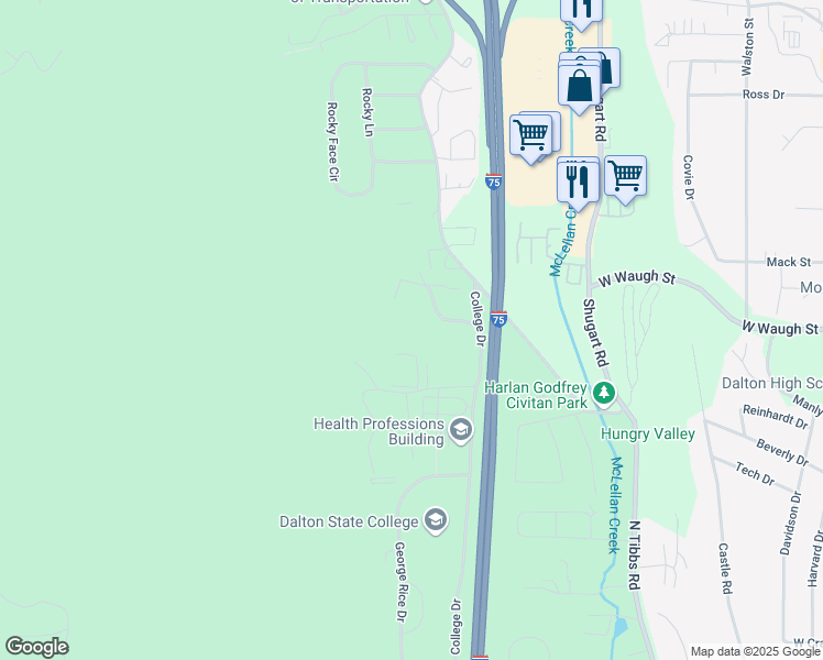map of restaurants, bars, coffee shops, grocery stores, and more near 656 Campus Pl in Dalton