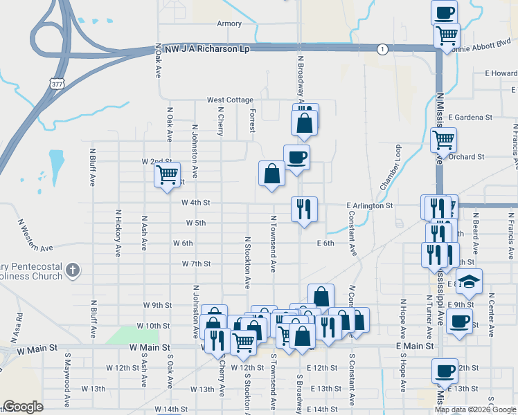 map of restaurants, bars, coffee shops, grocery stores, and more near 802 North Stockton Street in Ada