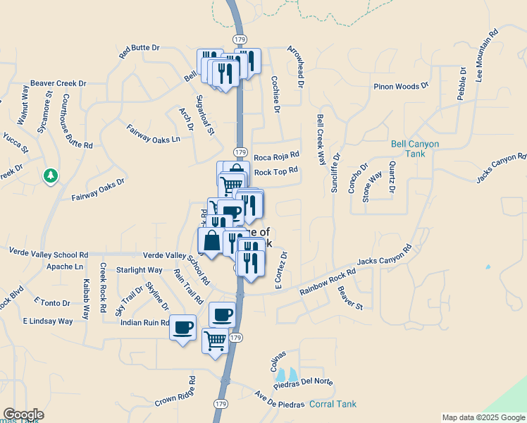 map of restaurants, bars, coffee shops, grocery stores, and more near 12 Canyon Diablo Road in Sedona