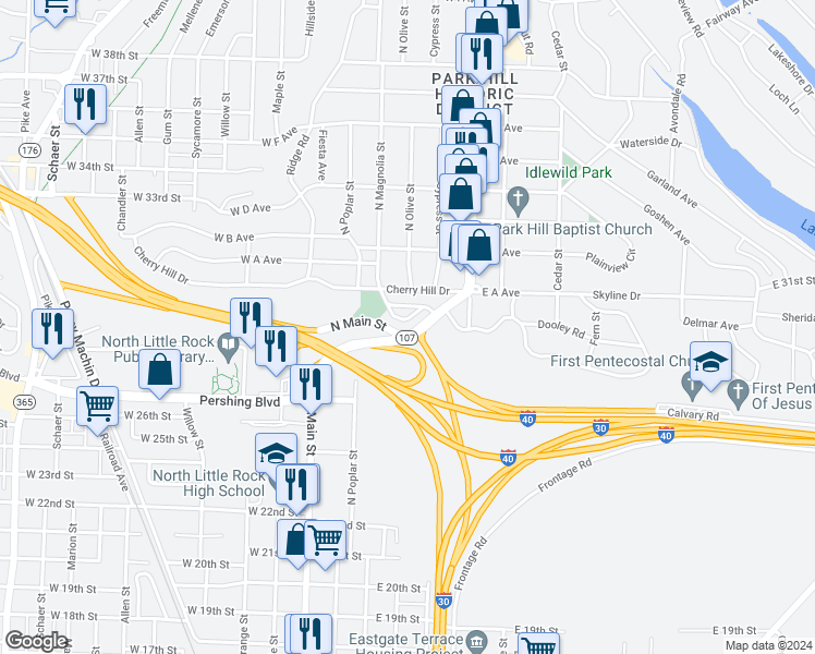 map of restaurants, bars, coffee shops, grocery stores, and more near 130 Crestview Drive in North Little Rock