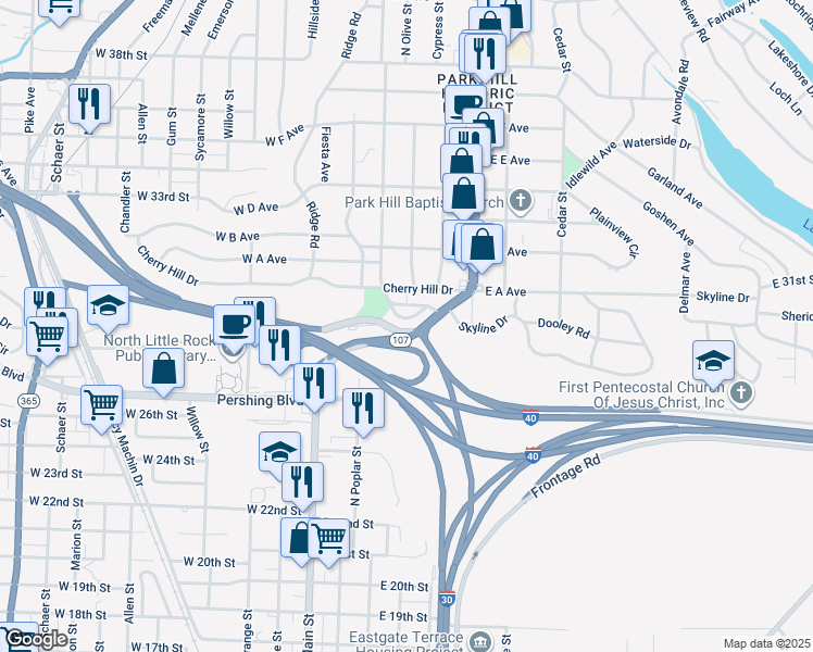 map of restaurants, bars, coffee shops, grocery stores, and more near 130 Crestview Drive in North Little Rock