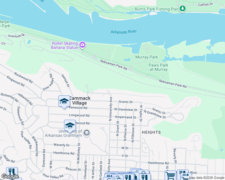 map of restaurants, bars, coffee shops, grocery stores, and more near 2 East Palisades Drive in Little Rock