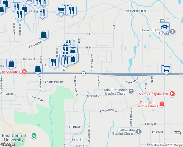 map of restaurants, bars, coffee shops, grocery stores, and more near 2100 East Arlington Boulevard in Ada