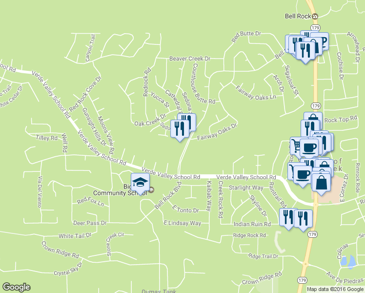 map of restaurants, bars, coffee shops, grocery stores, and more near 783 Bell Rock Boulevard in Sedona