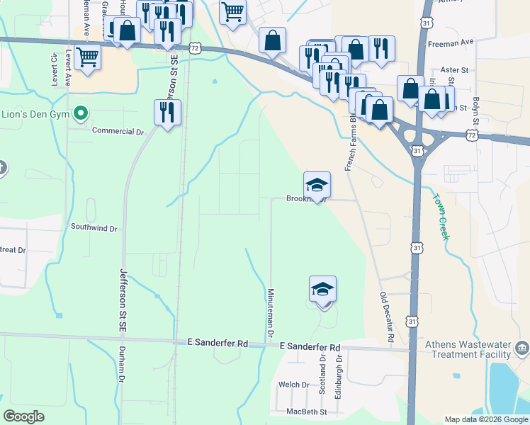 map of restaurants, bars, coffee shops, grocery stores, and more near 320 Brookhill Drive in Athens