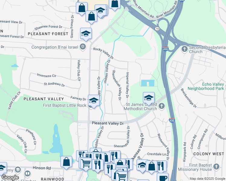 map of restaurants, bars, coffee shops, grocery stores, and more near 3105 Painted Valley Drive in Little Rock
