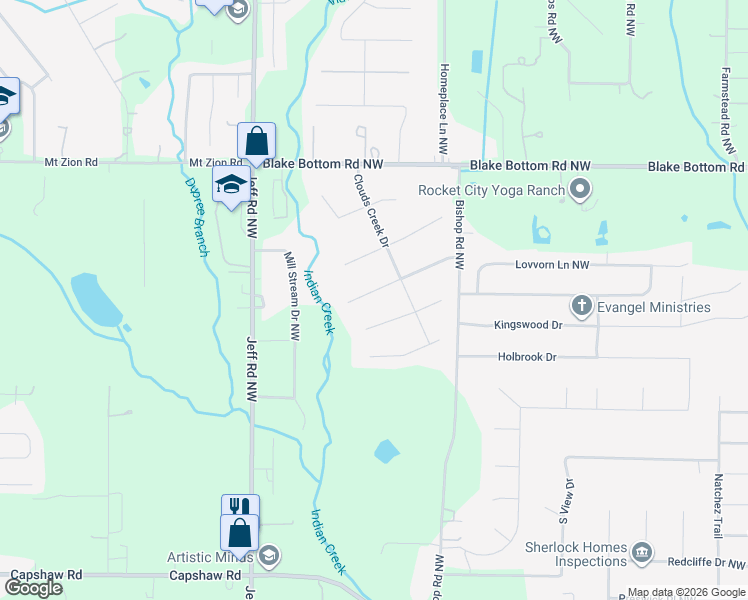 map of restaurants, bars, coffee shops, grocery stores, and more near 123 Hidden Creek Drive in Huntsville