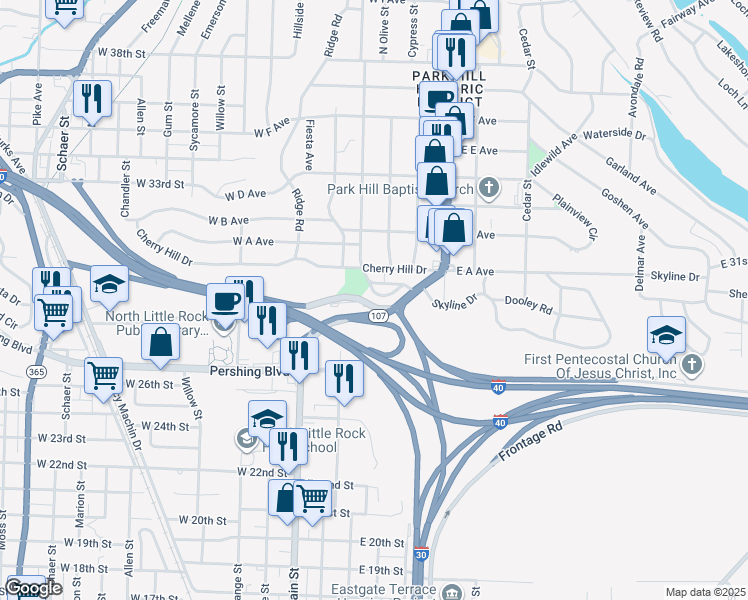 map of restaurants, bars, coffee shops, grocery stores, and more near 130 Crestview Drive in North Little Rock
