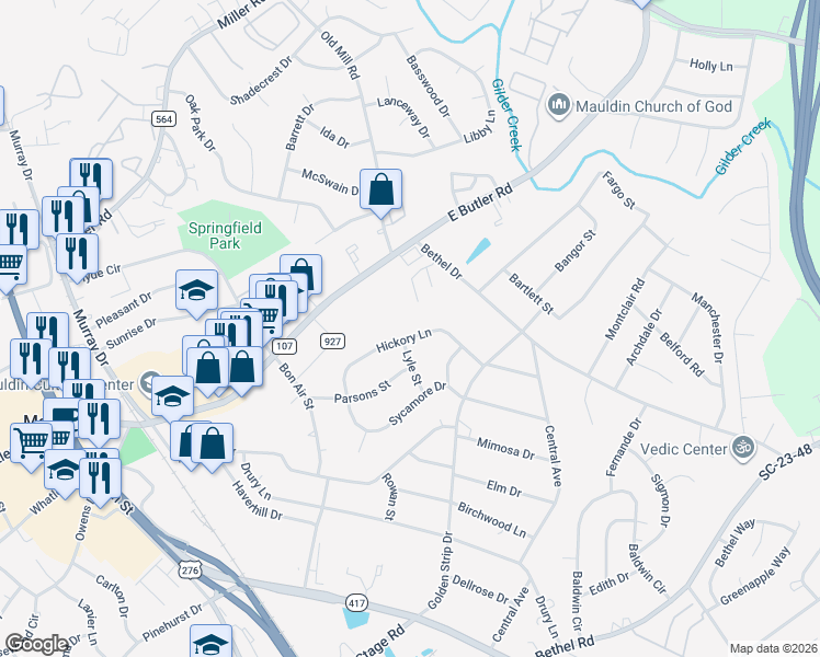 map of restaurants, bars, coffee shops, grocery stores, and more near 205 Hickory Lane in Mauldin