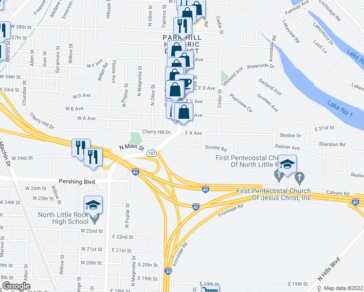 map of restaurants, bars, coffee shops, grocery stores, and more near 201 Skyline Drive in North Little Rock
