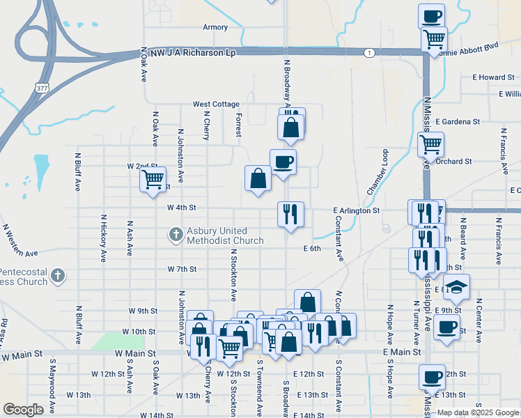 map of restaurants, bars, coffee shops, grocery stores, and more near 198 West 4th Street in Ada