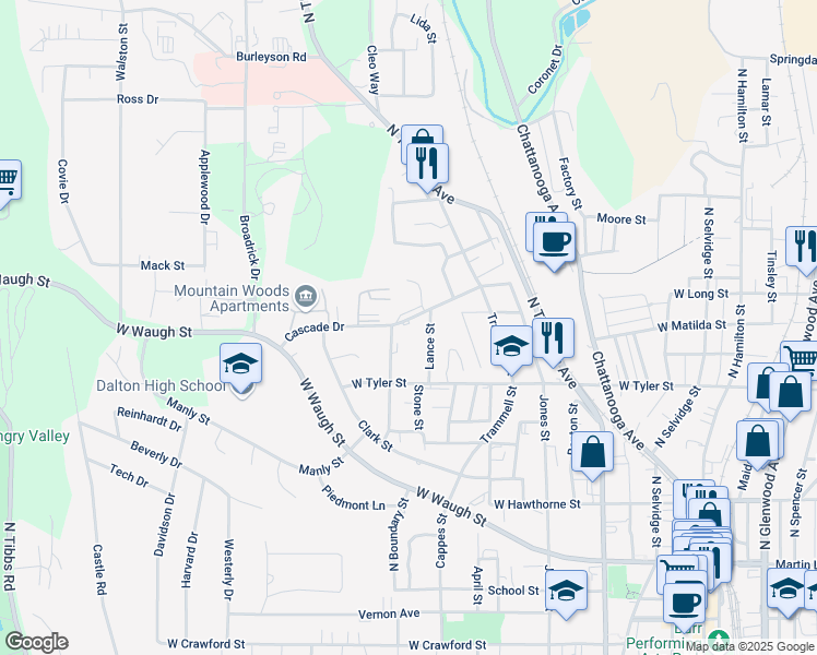 map of restaurants, bars, coffee shops, grocery stores, and more near 819 Cascade Drive in Dalton