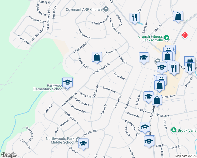 map of restaurants, bars, coffee shops, grocery stores, and more near 102 Myrtle Place in Jacksonville