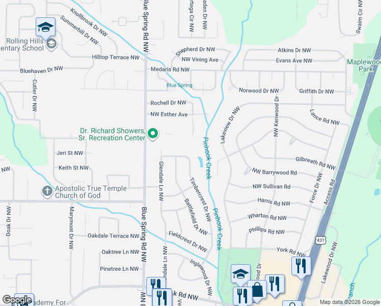 map of restaurants, bars, coffee shops, grocery stores, and more near 3918 Timbercrest Drive Northwest in Huntsville