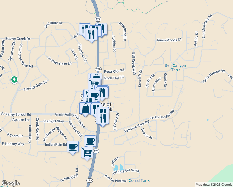 map of restaurants, bars, coffee shops, grocery stores, and more near 70 Valley Trail in Sedona