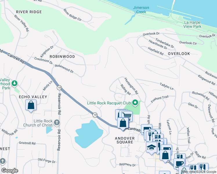map of restaurants, bars, coffee shops, grocery stores, and more near 46 Huntington Road in Little Rock