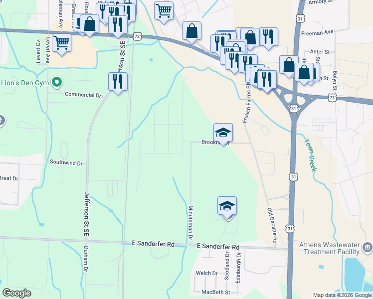 map of restaurants, bars, coffee shops, grocery stores, and more near 320 Brookhill Drive in Athens