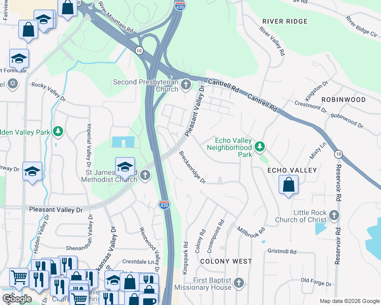 map of restaurants, bars, coffee shops, grocery stores, and more near 4 Amesbury Court in Little Rock