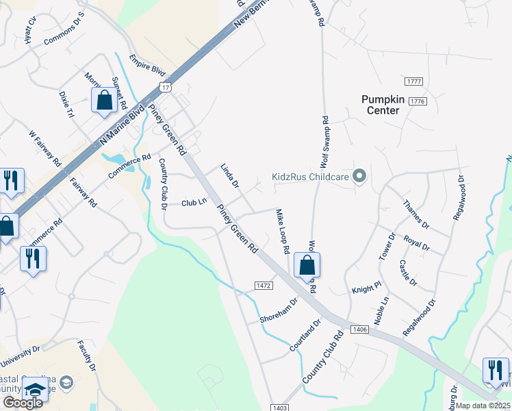 map of restaurants, bars, coffee shops, grocery stores, and more near 157 Linda Drive in Jacksonville