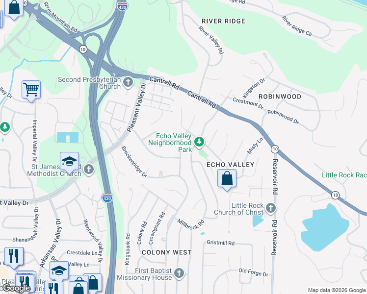 map of restaurants, bars, coffee shops, grocery stores, and more near 3203 Ridge Pass Road in Little Rock