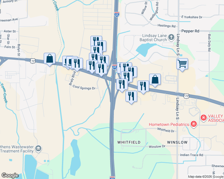 map of restaurants, bars, coffee shops, grocery stores, and more near Interstate 65 in Athens