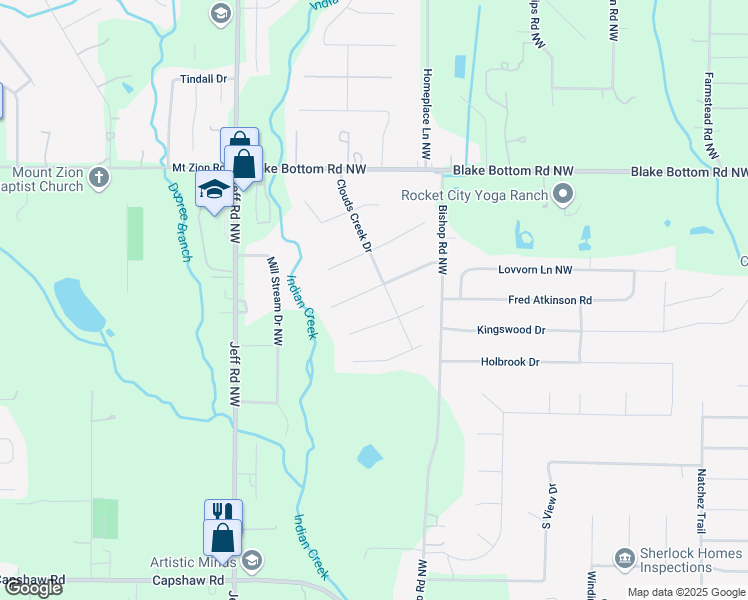 map of restaurants, bars, coffee shops, grocery stores, and more near 118 Hidden Creek Drive in Huntsville
