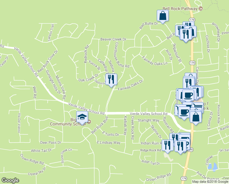 map of restaurants, bars, coffee shops, grocery stores, and more near 435 Fairway Oaks Drive in Sedona