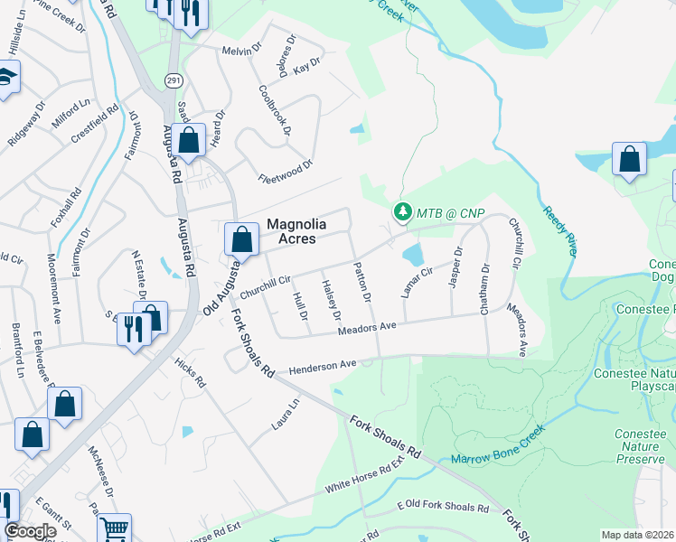 map of restaurants, bars, coffee shops, grocery stores, and more near 303 Churchill Circle in Greenville